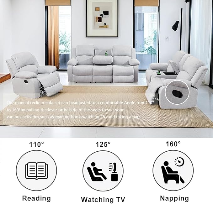 Living Room Furniture Sets Manual Reclining Sofa Set 3PCS Fabric Recliner Sofa Set Loveseat Couch Chair Set with Cup Holders&Storage Console for Living Room/Office (Grey White, 3 PCS Set)
