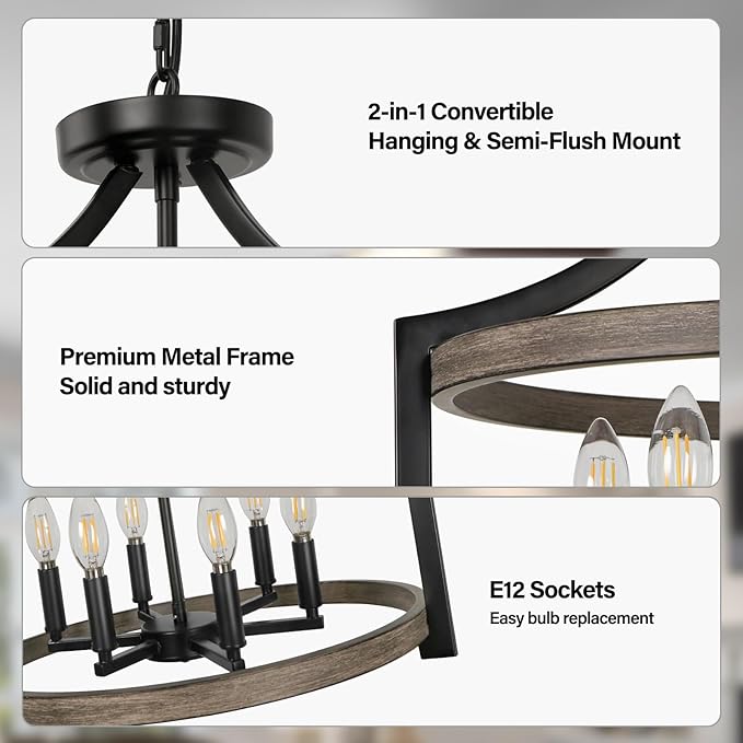 6-Light Farmhouse Chandelier, Rustic Semi Flush Mount Ceiling Light Modern Faux Wood Black Vintage Cage Hanging Pendant Light Fixture for Dining Room Kitchen Foyer Hallway Entryway Bedroom