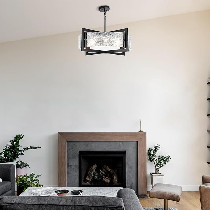 ALISADABOY Black Chandeliers for Dining Room Modern 23.62’’ Inch Large Chandeliers with Glass Shade Farmhouse 6 Light Drum Chandelier Light Fixture for Kitchen Island Hallway Entryway Living Room