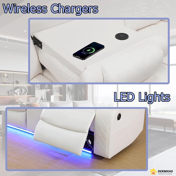 Living Room Furniture Sets, Power Recliner Sofa Set, Vanilla White Breathing Leather Power Reclining Sofa Couch ith 2 Recliner Seats/USB Ports/LED Light for Living Room, Office