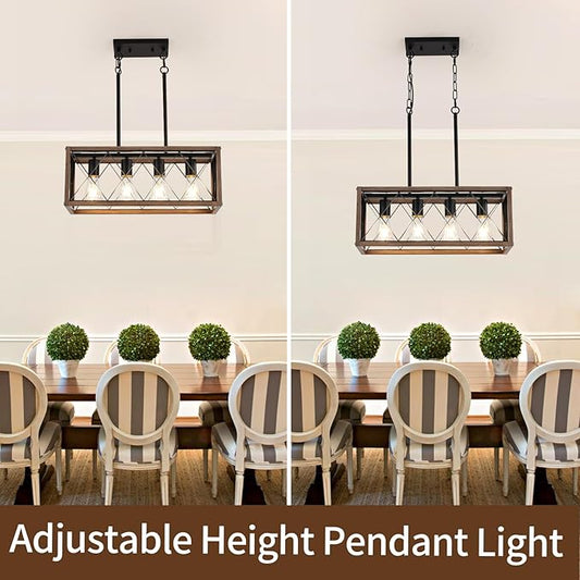 KEESFU 4-Light Dining Room Light Fixture, Farmhouse Kitchen Island Lighting,Adjustable Height Pendant Light, Rustic Linear Chandelier for Kitchen, Dining Room Table, Pool Table. (Wood Grain Color)