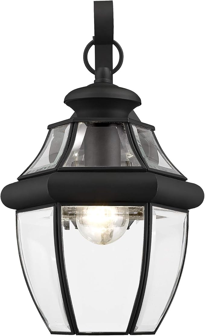 Livex Lighting 2151-04 Monterey 1 Light Outdoor Black Finish Solid Brass Wall Lantern with Clear Beveled Glass ("13"" x 8.5"" x 8.25""")