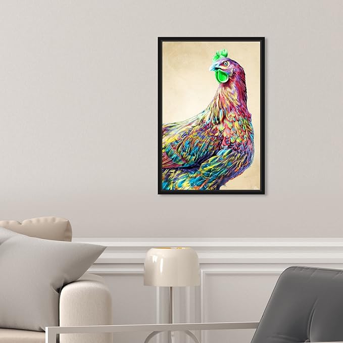 Country Farmhouse Canvas Print Painting Animal Wall Art 'Fun Colorful Glam Rooster' Black Framed Canvas Rustic Home Décor 10x15 in Pink, Green by Oliver Gal