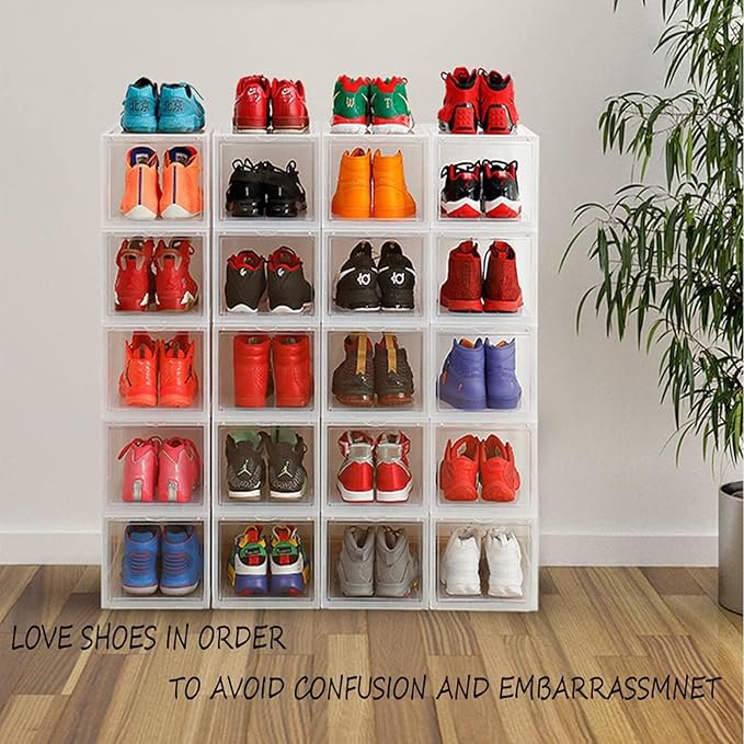 Storage Shoes Box Womens Mens Shoe Storage Display Box Plastic Foldable Stackable Shoe Container Clear Closet Shelf Shoe Organizer-3 PACK