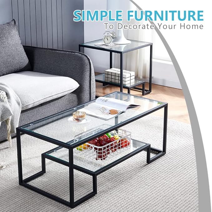 Black Metal Glass Coffee Table - Simple Center Coffee Table for Living Room Home, Metal Frame Coffee Table with 2 Shelves,Modern Table for Bedroom, Dinning Room,Office Decor | Living Room, Home, Modern Table, Bedroom, Dinning Room