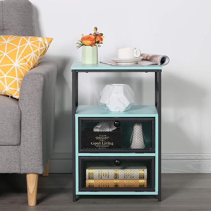 VECELO Nightstand Set of 1, End Table with Flip Drawer, Modern Night Stand for Bedroom,Living Room, Office, Easy Assembly,Azure Blue