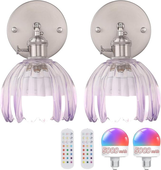 Vintage Wall Sconce Set of 2 - Rechargeable Battery Powered with Remote Control, Translucent Purple Tulip Glass Shade (5000mAh) for Bedroom/Doorway