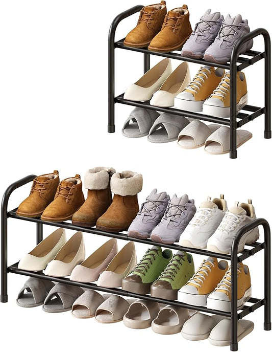 Shoe Rack for Closet, Black 2-Tier Expandable Closet Shoe Rack Metal Organizer, Heavy Duty Shoe Storage Shelf for Entryway, Doorway, Narrow Space