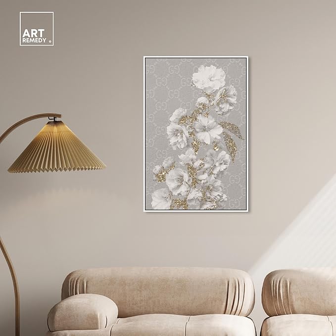 Art Remedy Floral in Classic Fashion Canvas Delicate Farmhouse Wall Art, White Frame, 24" x 36"