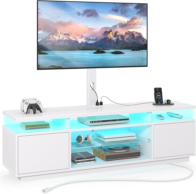 Rolanstar TV Stand with Mount and Power Outlet 59.1", Swivel TV Stand Mount for 32/45/55/60/65/70 inch TVs, Height Adjustable Modern Entertainment Center with Storage & LED Lights, TV Table White