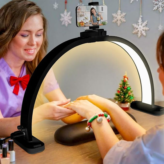 CGBE Half-Moon Nail Light for Desk : Professional Manicurist Table Lamp for Nail Salon Lighting and Eyelash Extensions with Phone Holder - Extra Large 30.7" Craft Desk Light - Black