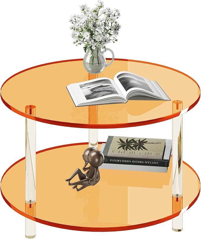 Acrylic Round Coffee Table, 23.6" Wide Modern Tea Table with Storage Shelf, 2-Tier Circle Center Table for Living Room, Office Reception and Apartment (Orange)