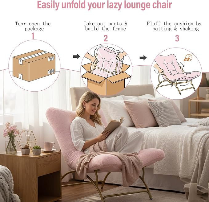 Tiita Accent Lazy Chair, Comfy Lounge Chair with Metal Frame and Plush Fabric, Spacious Seat Cozy Recliner Chair for Reading Room, Living Room, Bedroom, Office, Pink