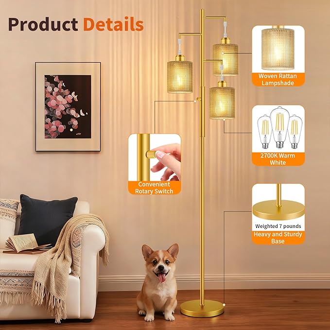 Hotsonic 72" Rattan Boho Floor Lamp, Tall Dimmable Standing Lamp with Handcrafted Beige Shade, Industrial Tree Floor Lamps for Living Room, Bedroom, Study Room, Office(3x800LM LED Bulbs Included)-Gold