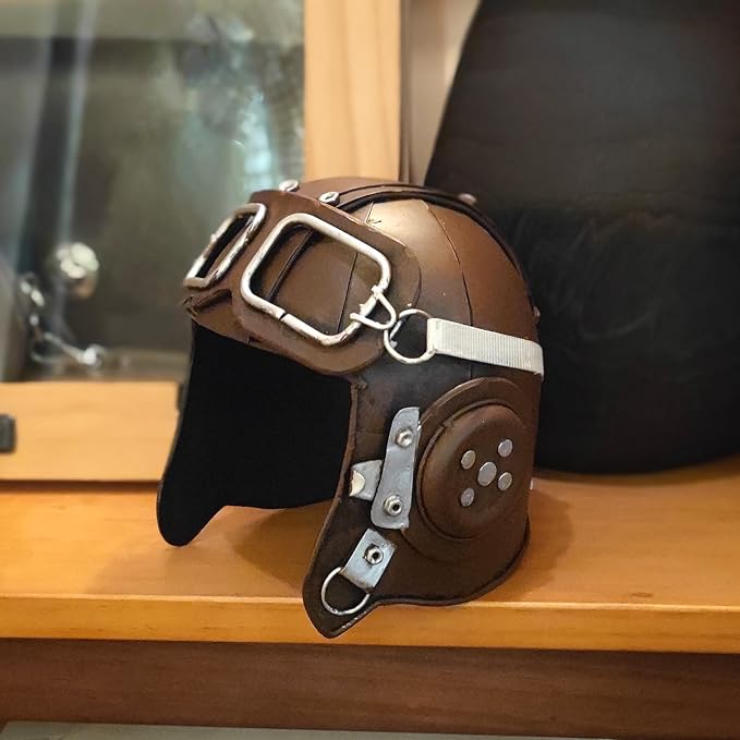 Replicate Fighter Pilot Helmet Miniature Model Figurine Decorative Metal Sculpture Handmade Vintage Style Aviator Hat Art Object Collectible Model Decor