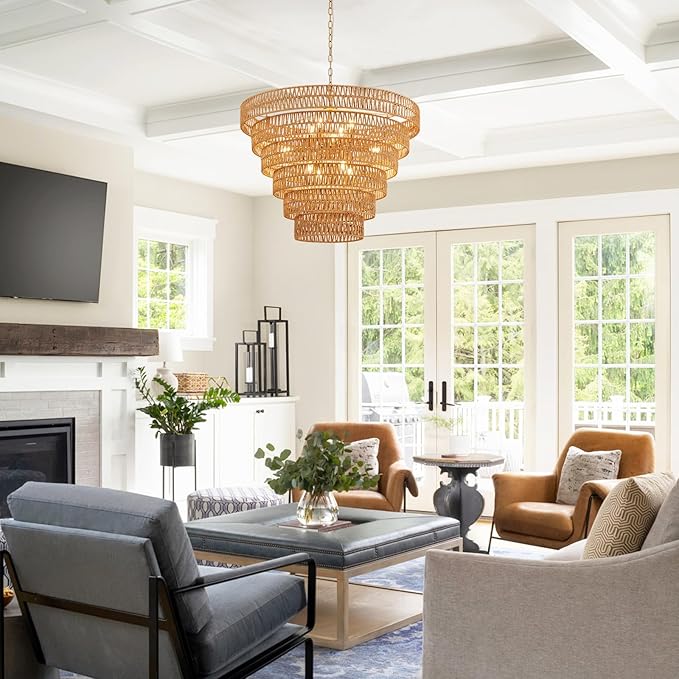 31.5“ Hand-Woven Rattan Chandelier Vintage Farmhouse 12-Lights Boho Bamboo Large Chandeliers Light Fixture 6-Tier Drum Wicker Golden Chandelier for Dining Room, Living Room, Kitchen, E12