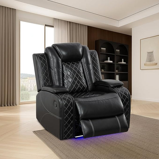 Power Leather Recliner Sofa with LED Light，38" Power Single Recliner Chair USB Port/Storage Armrest,Leather Couch for Living Room/Office/Lounge/Rv Car/Club/Apartment(Black,Chair)