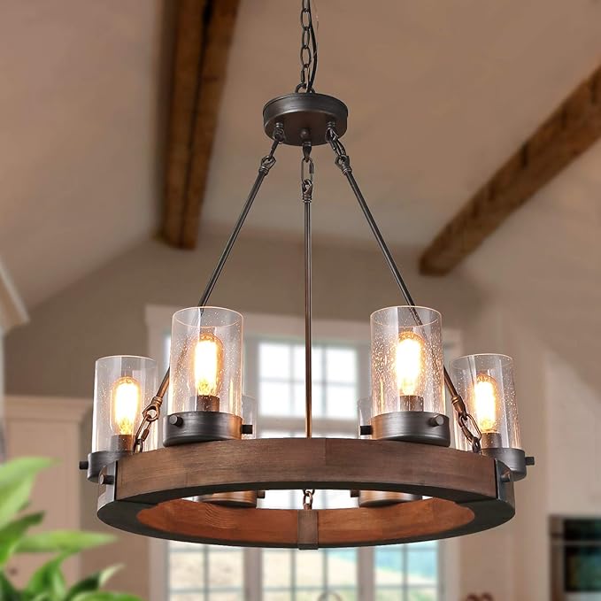 Farmhouse Wood Chandelier, Round Wagon Wheel Light Fixture with Seeded Glass Shades & LNC Farmhouse Mini Faux Wood Pendant Lighting with Clear Cylinder Glass Shade, Brown