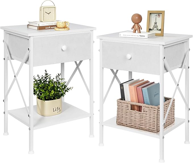VECELO Nightstand Set of 2, X-Design End Side Table with Fabric Storage Drawer and Open Shelf, Bedside Night Stand with Steel Frame for Bedroom, Living Room,Dorm, Easy Assembly,White