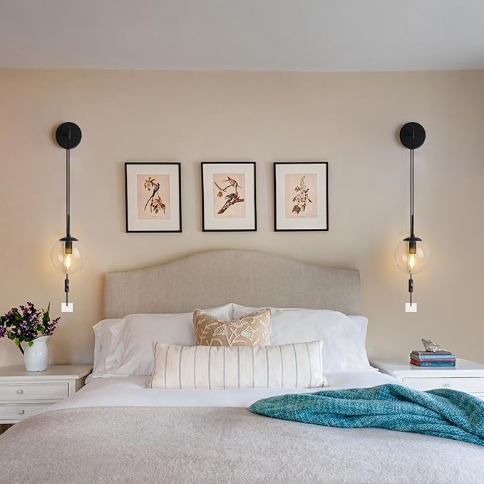 Wall Sconces Set of Two Black Plug in Wall Sconces Set of 2 with Globe Clear Glass Shade Wall Lights Wall Lamps for Bedrooms Sconces Wall Decor Set of 2 with Plug in Cord Switch for Bedside