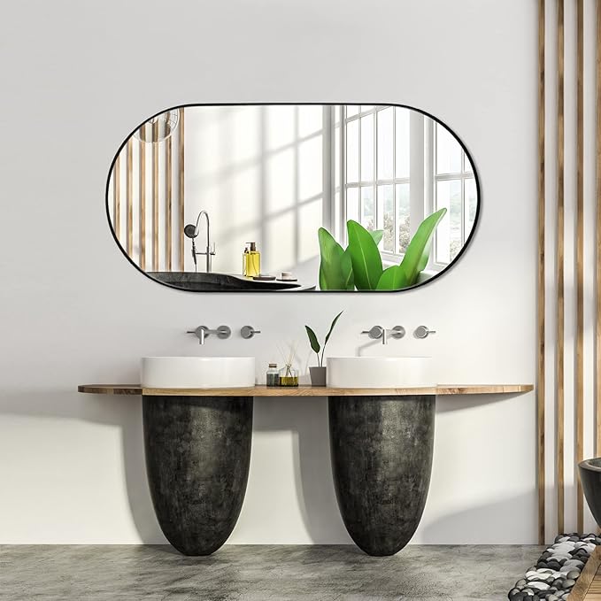 Muzilife Oval Wall Mirror for Bathroom, 20" x40'' Capsule Mirror Vanity Wall Mirror with Metal Frame, Hang Horizontally or Vertically for Entryway, Living Room, Bathroom, Black