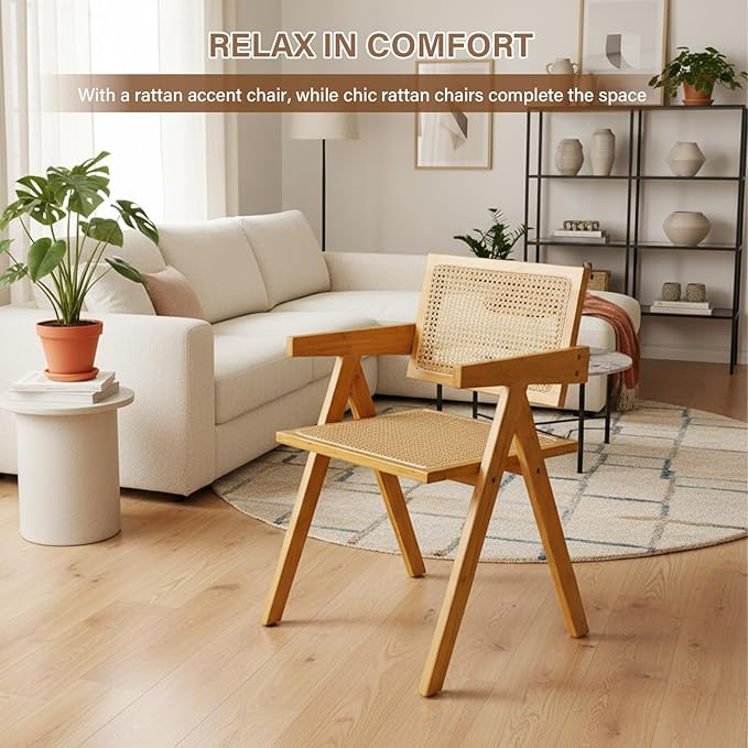 Rattan Dining Chairs Set of 2, Modern Mid Century Accent Chairs, Comfy Armchairs, Outdoor Rattan Chairs with Armrest for Bedroom Living Room Reading Room Dining Kitchen