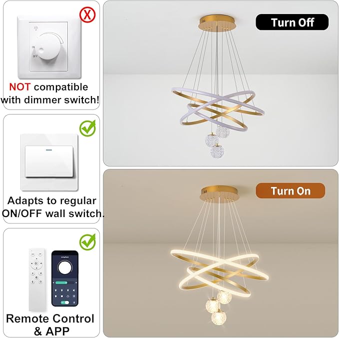 LED Modern 3 Ring Chandeliers for Dining Room, 24in Dimmable Kitchen Pendant Lamp, Gold Dining Room Light Fixtures Ceiling Hanging Over Table, Globe Round Chandeliers for Living Room Bedroom