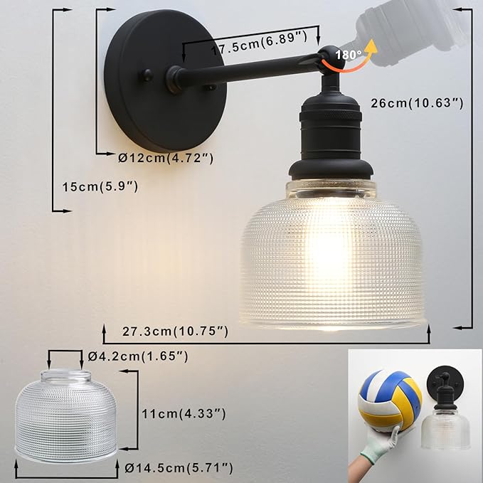 Yosoan Boho Indoor Vintage Wall Sconce with Striped Bowl Shade, 1-Light Modern Vanity Industrial Single Wall Mounted Hardwired Texture Glass Shade for Living Room Bedroom Fireplace Hallway(Black)