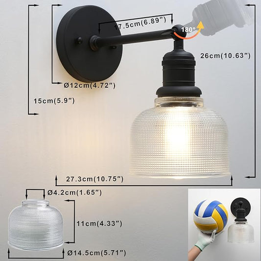 Yosoan Boho Indoor Vintage Wall Sconce with Striped Bowl Shade, 1-Light Modern Vanity Industrial Single Wall Mounted Hardwired Texture Glass Shade for Living Room Bedroom Fireplace Hallway(Black)