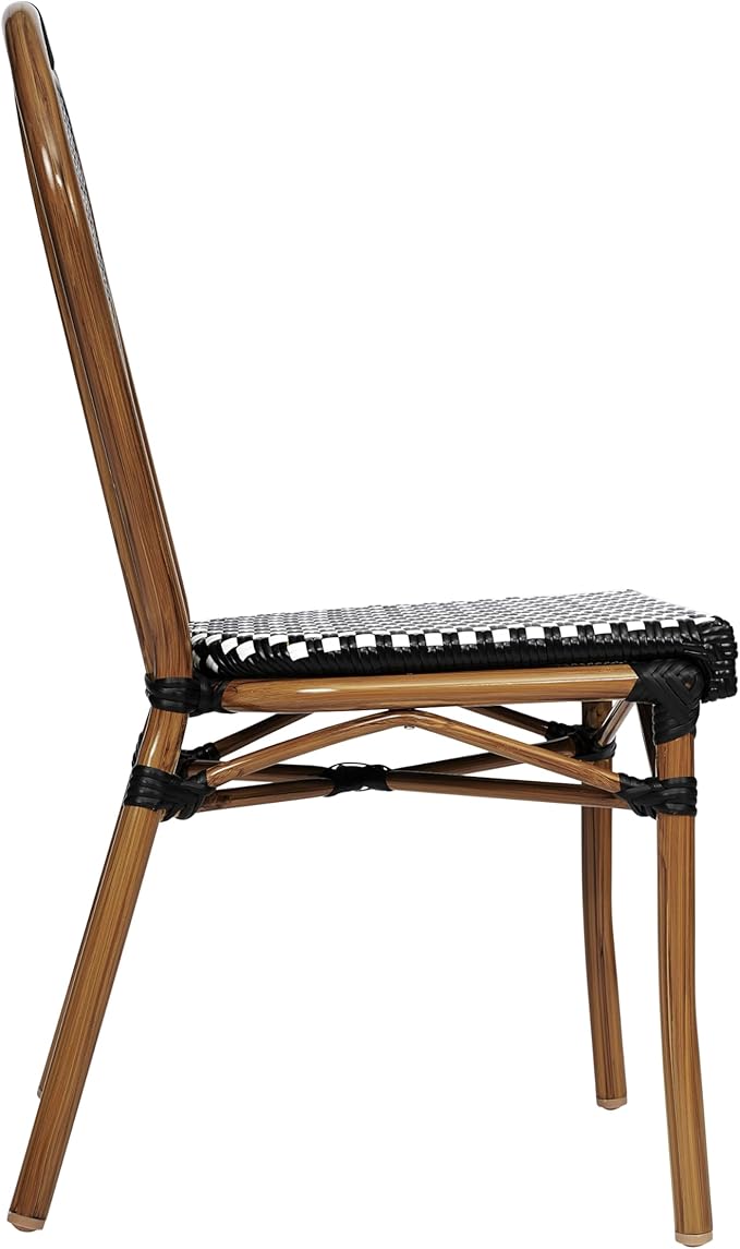 Flash Furniture Lourdes Indoor/Outdoor Commercial Thonet Bistro Stack Chair - Black/White PE Rattan Back and Seat - Natural Bamboo Print Metal Frame - 4 PK