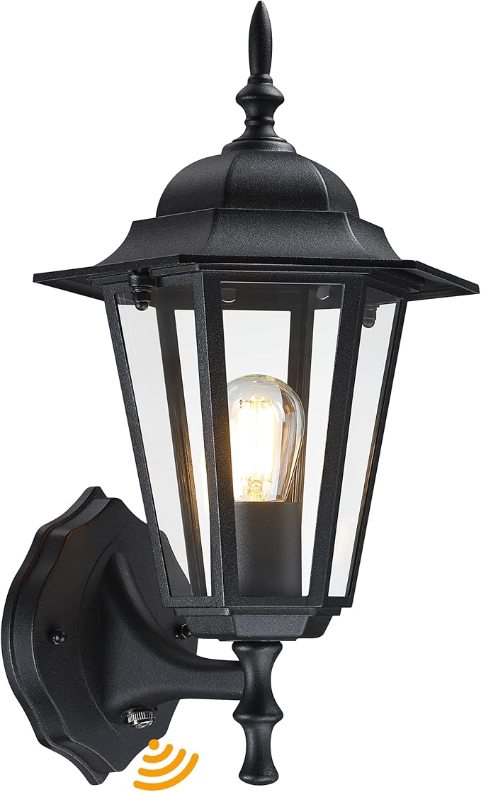 Outdoor Wall Lantern, Dusk to Dawn Exterior Wall Sconce with Clear Glass, Waterproof Black Aluminum Porch Light, Anti-Rust Outside Lighting Fixtures for Patio Front Door Entryway, 1-Pack