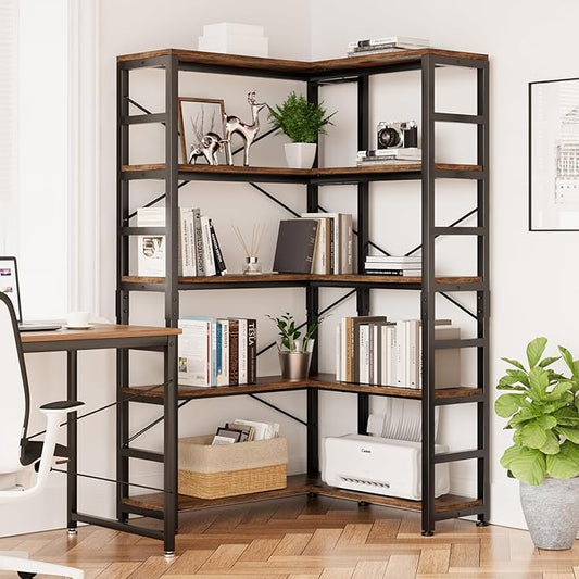 NUMENN 5 Tier Corner Bookshelf, Modern Corner Bookcase, Large Open Shelf Bookcase, Tall Bookshelves Storage Display Rack for Bedroom, Living Room and Home Office, Vintage