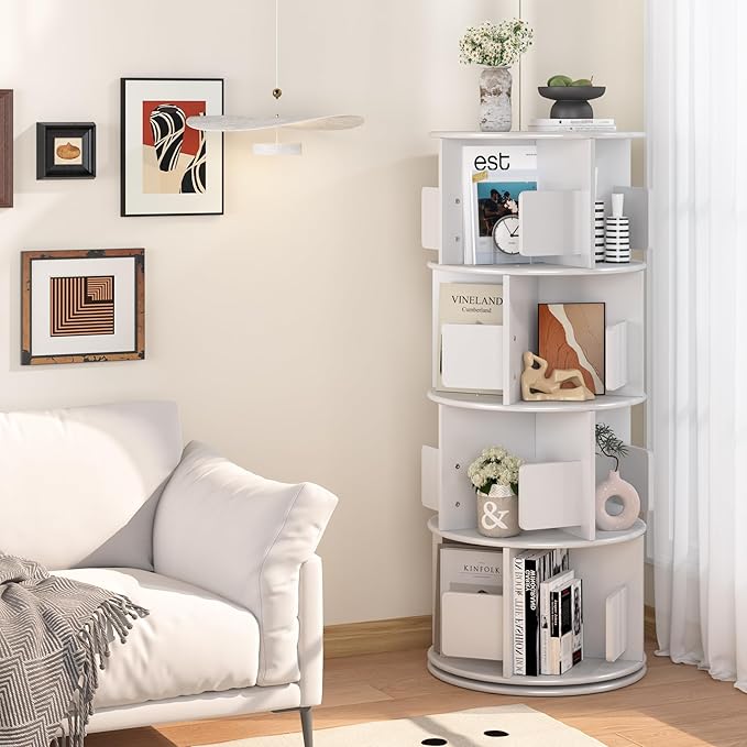 4-Tier Rotating Bookshelf Tower White, Wooden Spinning Bookshelves 360° Rotation Display, Revolving Bookcase Storage Round Carousel, Corner Free Standing Shelf for Kids Book and Toy Storage.