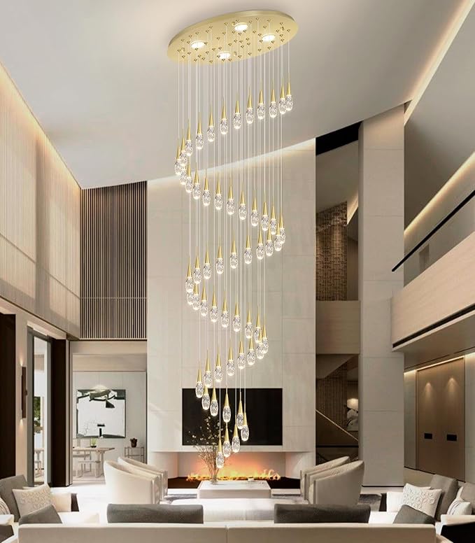56-Lights 20 Feet Large Modern Chandelier LED Light Fixtures High Ceiling Long Light Chandelier for Entrance Foyer Dimmable Lights with Remote Living Room Ceiling Pendant Lighting Shine Gold