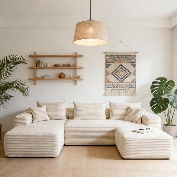 EVLIQUIL Modular Sectional Sofa Couch 103.5” & 37.0” Beige, L-Shaped Sectional Couches for Living Room with Ottoman, High Resilience Sponge & Spring Support Sofa Set (L Shaped Sofa+Ottoman)