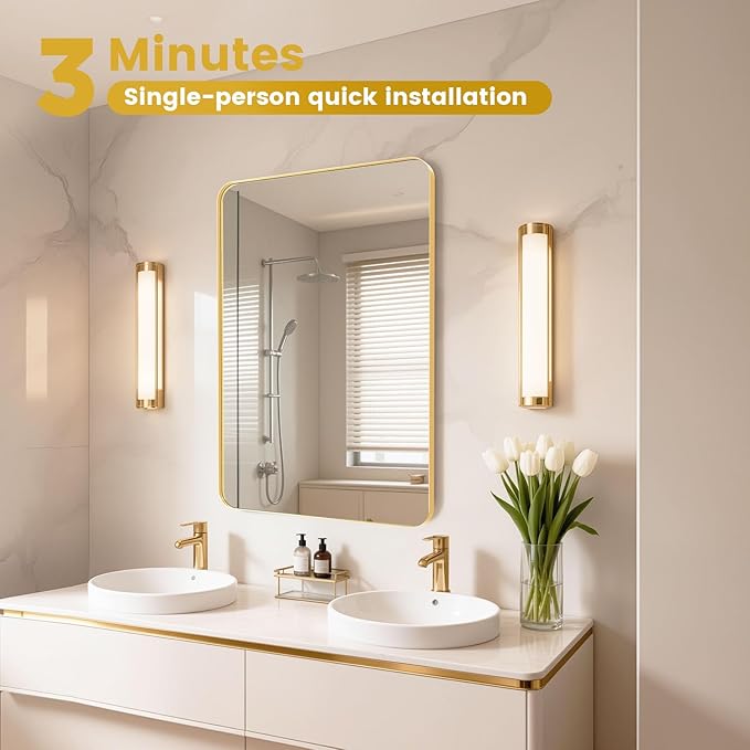 42"X 36" Large Gold Metal Framed Bathroom Mirror for Wall, Large Mirrors for Spacious Rooms,Gold Rounded Rectangle Mirror, Brushed Gold Bathroom Vanity Mirror Tempered Glass