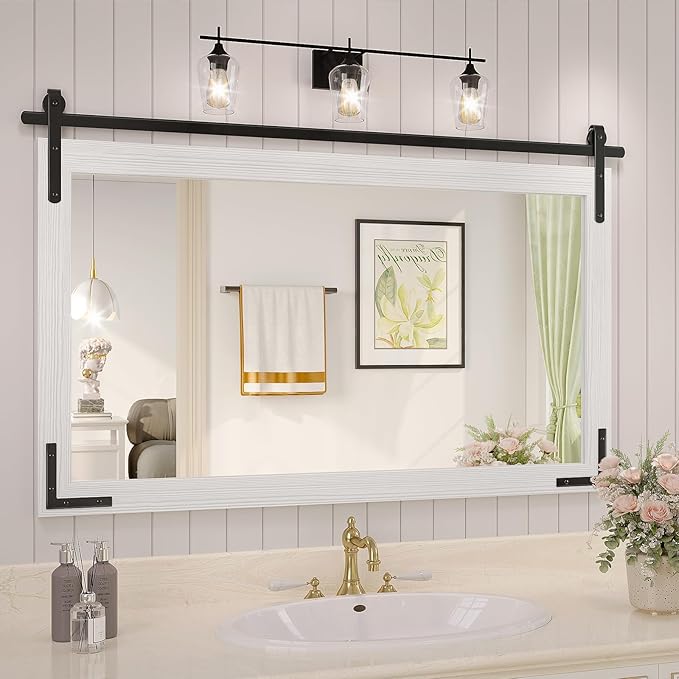 White Farmhouse Bathroom Mirror, 40x26 Inch White Vanity Mirror for Wall, Wood Framed Rustic Mirror Rectangular Wall Decor Mirrors for Entryway Living Room Bedroom