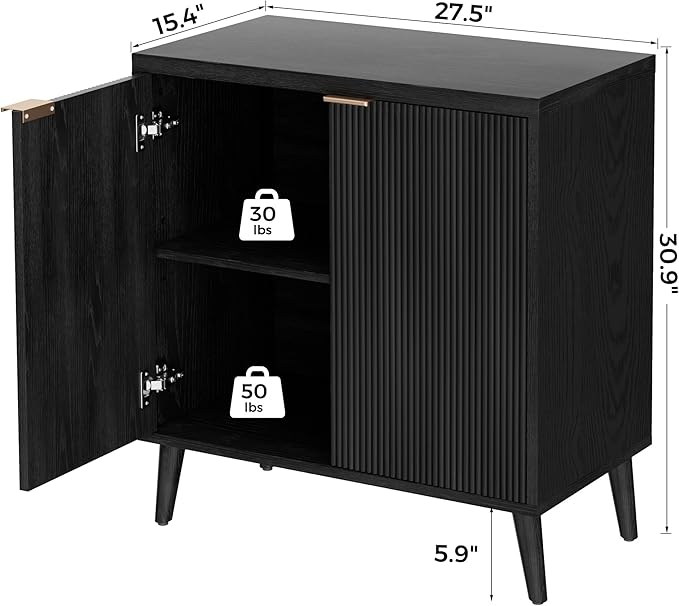 Buffet Cabinet with Storage, Modern Fluted Accent Sideboard with Doors & Adjustable Shelves, Buffet Table Entryway Cabinets for Living Room, Kitchen, Dining Room, Hallway, Black