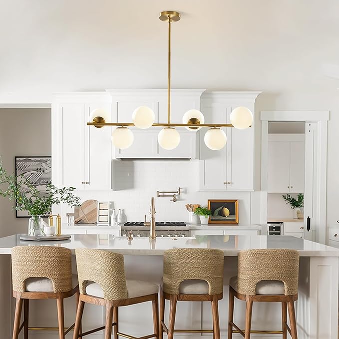 KCO Lighting Modern Brass Linear Chandelier Pendant Light 7-Lights Gold and White Glass Pendant Lighting Mid Century Globe Dining Light Fixture for Living Room Kitchen