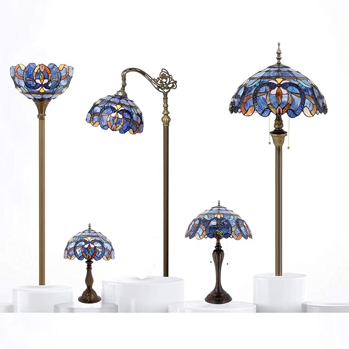 WERFACTORY Tiffany Lamp Blue Purple Stained Glass Style Table Lamp Reading Desk Light 12X12X18 Inches Decor Bedroom Living Room Home Office S558 Series