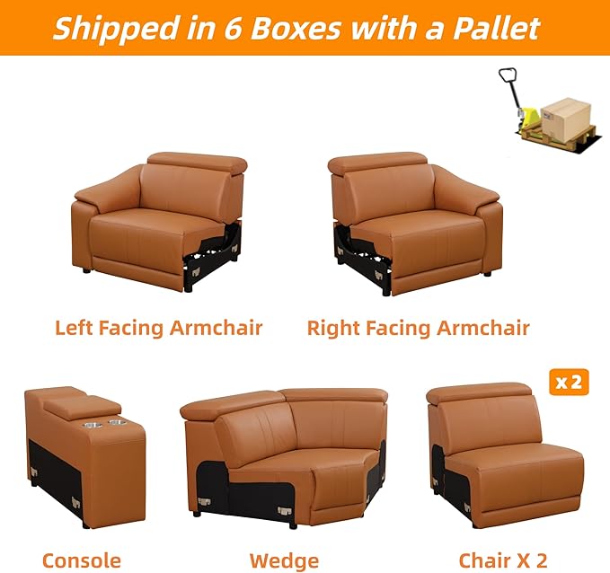 Power Recliner Sectional Couch, Breathing Leather Living Room Furniture Set, Reclining Corner Sectional Sofa with Storage Console/Cup Holders for Home/Office (Caramel, 5 Seater Couch)