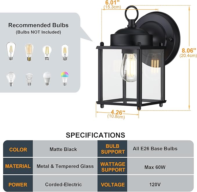 GRUENLICH Outdoor Wall Sconce, Exterior Wall Lighting Fixtures with Clear Glass, Front Porch Lighting, Outdoor Lights for Patio, Doorway, Matte Black, 4 Pack