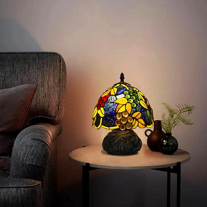 JHuiLap Small Tiffany Stained Glass Lamp, 3 Color Temperatures Bedside Lamp, 8 Inch Mushroom Desk Light for Bedroom Living Room Office Home Decor (Yellow Leaf Grapes)