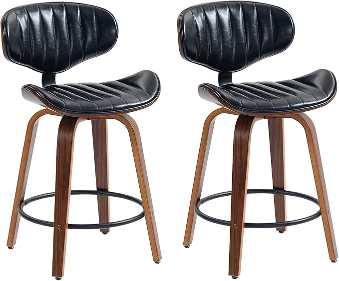 Bar Stools Set of 2, 24 inch PU Leather Wooden Bentwood Swivel Barstools Counter Height Modern Breakfast Bar Chairs with Backrest and Footrest for Kitchen Island, Dining Room D035-Black-2