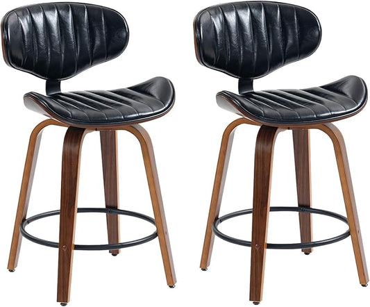 Bar Stools Set of 2, 24 inch PU Leather Wooden Bentwood Swivel Barstools Counter Height Modern Breakfast Bar Chairs with Backrest and Footrest for Kitchen Island, Dining Room D035-Black-2