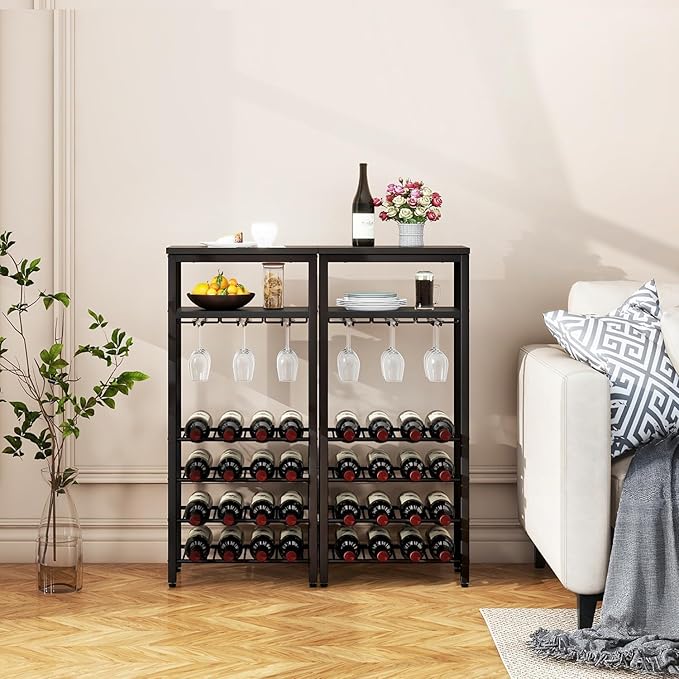 IBUYKE Wine Racks Freestanding Floor,Liquor Bottle Holder,16 Bottles Wine Cabinet with Glass Holder,Wine Holder Display,Mini Wine Bar Table for Living Room,Kitchen Pantry,Dining Room,Black UTMJ907B