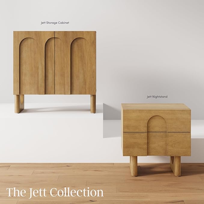 Nathan James Jett Mid Century Modern Nightstand, Wooden Bedside Table with Drawers and Arched Door Cutout, Light Brown