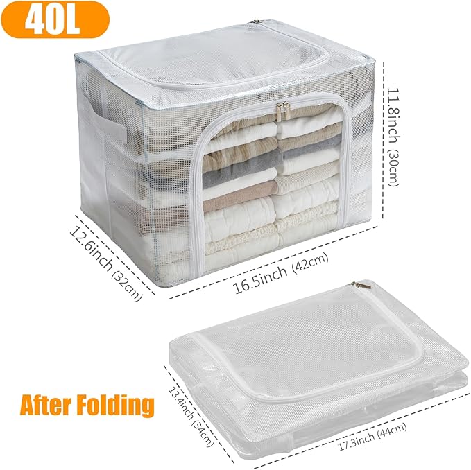 Clear Stackable Clothes Storage Bins with Metal Frame, Foldable Storage Box with Lid, Bedroom, Closet Organizers and Storage Container with Zippers & Durable Handles (Clear, 2 Pack)