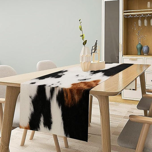 Cowhide Table Runne Vintage Cow Print 3D Rustic Theme Animal Fur Skin Farm Dining Table Decoration for Kitchen Dining Room Holiday Party Decor 13x108in