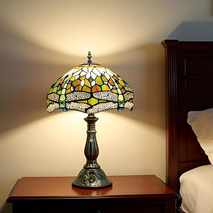 Tiffany Lamp Stained Glass Table Lamps Amber White Dragonfly Style Desk Lamp 12X12X18.5 Inch Bronze Ceramic Base Reading Light Suitable for Bedside Bedroom Living Room Dining Room Office